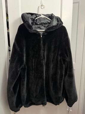 Black Plush Faux Fur Hooded Jacket